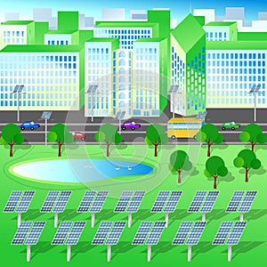 Green city, trees lake, renewable energy, solar panels