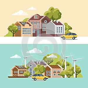 Green city vector concept. Infographic with set of buildings, infrastructure, modern technology and plants. Wind power stations