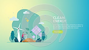 green clean energy sources. renewable electric sun solar panel and wind turbines. environmental concept with people character. web