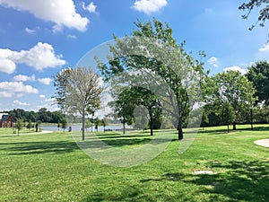 Beautiful green park with pathway trail in Coppell, Texas, USA