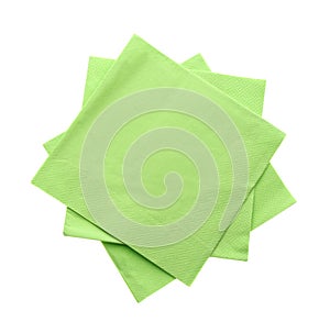 Green clean paper tissues on white background, top view