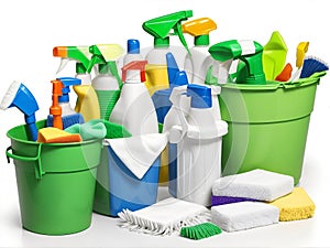 Green cleaning buckets with bottles, sprayers and cleaning sponges