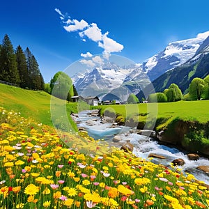 In a green clearing flowing stream in the background mountains with snow around yellow pink flowers. Flowering flowers, a symbol