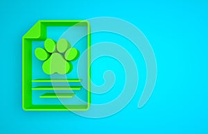 Green Clipboard with medical clinical record pet icon isolated on blue background. Health insurance form. Medical check