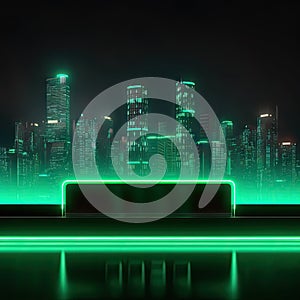 Green Clock Panel with neon lights on night city background. New year, day concept. Black skyscrapers at midnight