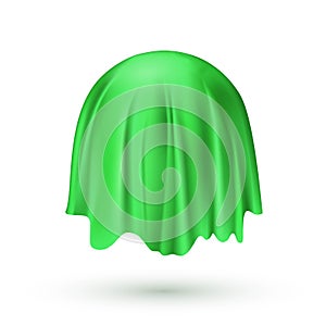 Green cloth drapery covering round object. Silk fabric hanging on gift for surprise reveal vector illustration. Hidden