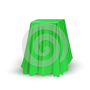 Green cloth drapery covering square table. Silk fabric hanging on gift for surprise reveal vector illustration. Hidden