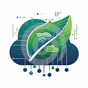 Green cloud computing. Green leaf with circuit, cloud, wi-fi symbols on a cloud, design element.