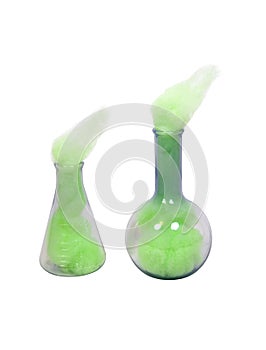 Green cloudy research beakers