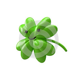 Green clover emoji leaf isolated on white background. Four leaf clover 3D icon render with clipping path. Good luck
