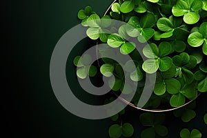 Green clover leaves with water drops on dark background, close up