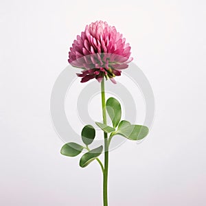Green clover with pink flower on white isolated background. Green four-leaf clover symbol of St. Patrick\'