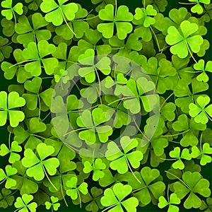 Green clover shamrock realistic pattern. St. Patrick`s day background. Vector illustration. Isolated on green background