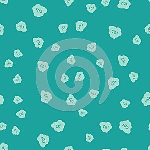 Green CO2 emissions in cloud icon isolated seamless pattern on green background. Carbon dioxide formula, smog pollution