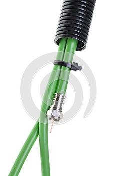 Green coaxial cable with F connector in corrugated pipe