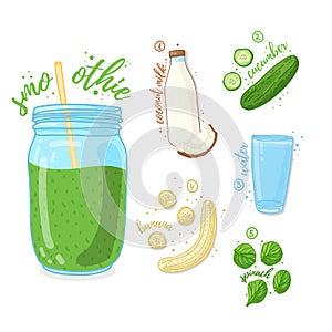 Green cocktail for healthy life. Smoothies with cucumber, coconut milk, banana and spinach. Recipe vegetarian organic