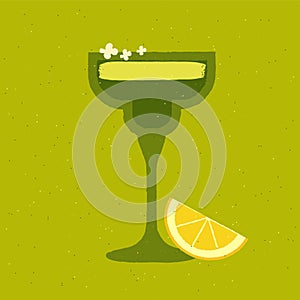 Green cocktail with lemon and flower. Mojito in margarita glass. Fresh green soft drink