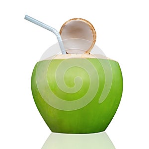 Green coconut with Plastic tube to drinking