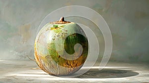 Green coconut on table with brown top