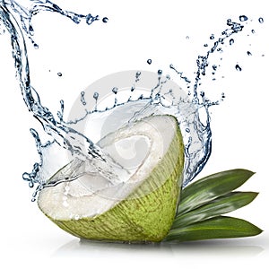 Green coconut with water splash