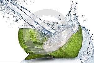 Green coconut with water splash photo