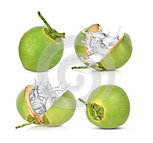 Green coconut with water splash isolated on white background.