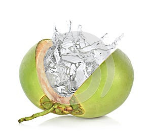 Green coconut with water splash on white background.