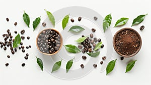 Green coffee beans, ground coffee, leaves on white background. Organic, fair trade, high-quality.