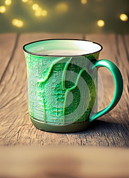 green coffee mug on wooden table