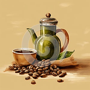 Coffee Beans And Green Pot: Illustrative Digital Painting With Soviet Realism photo