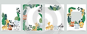 Green collection of jungle frame set with leaf,leaves,fox,lion,giraffe vector illustration for birthday invitation,postcard,logo
