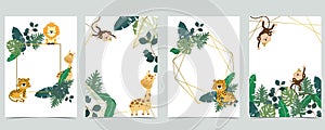 Green collection of jungle frame set with leaf,leaves,leopard,lion,giraffe vector illustration for birthday invitation,postcard,