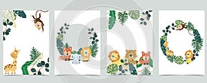 Green collection of jungle frame set with leaf,leaves,leopard,lion,giraffe vector illustration for birthday invitation,postcard,