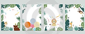 Green collection of safari background set with monkey,bear,giraffe.Editable vector illustration for birthday invitation,postcard