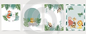 Green collection of safari background set with monkey,fox,giraffe.Editable vector illustration for birthday invitation,postcard