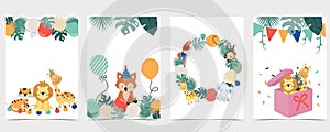 Green collection of safari background set with monkey,fox,giraffe,tiger.Editable vector illustration for birthday invitation,