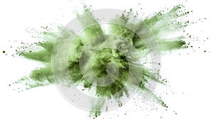 Green color dust explosion on white background, Freeze motion of green powder exploding