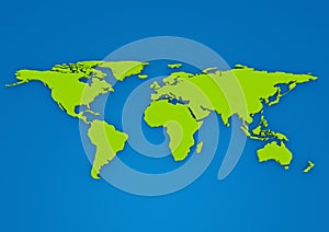 Green colour 3D extruded World Map on blue background photo