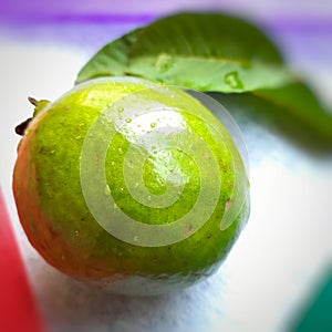 Green color guava with leaves arranged beautifully with color papers on background and good for health and skin and Help Lower