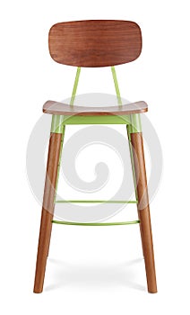 Green color high bar stool, chair, wood, plastic, metal chair, modern designer. Chair isolated on white background. Series of