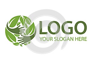 Green Color Leaf Eco Nature with Abstract Hand Care and Love Logo Designs