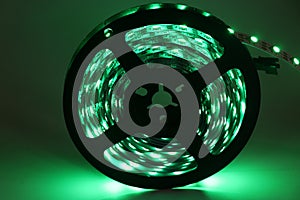 Green color LED garland. Green light emitting diode reel