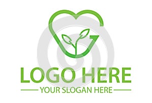 Green Color Line Art Love with Leaf Growth Logo Design