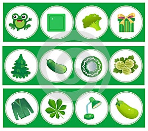 Green color. Matching game, education game for children. Puzzle for kids. Match by color. Worksheet for preschoolers