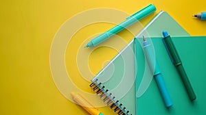 Green color notebooks and ballpens on yellow color background with copyspace.