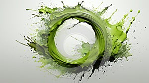 Green Color Oil Paint Spilling Over on Canvas in Chinese Style Circular Traces Thick Line White Background