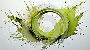 Green Color Oil Paint Spilling Over on Canvas in Chinese Style Circular Traces Thick Line White Background