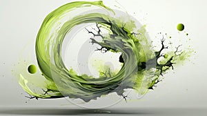 Green Color Oil Paint Spilling Over on Canvas in Chinese Style Circular Traces Thick Line White Background