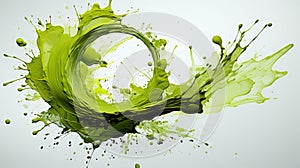 Green Color Oil Paint Spilling Over on Canvas in Chinese Style Circular Traces Thick Line White Background