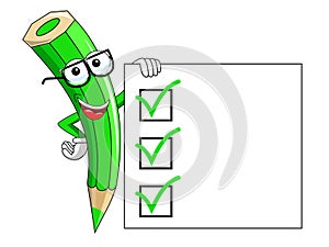 Green color pencil mascot presenting blank to do list isolated